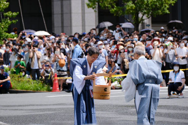 A ceremony before the arrival of the first float at the Gion Festival stock photo