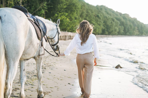 молодая женщина с длинными волосами в белой рубашке с белой лошадью на фоне морского пейзажа - horse animals in the wild water beach стоковые фото и изображения