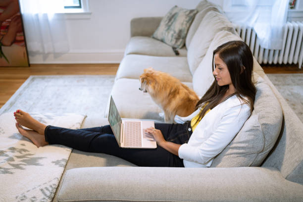 istock Young latin woman on the couch using computer with her dog besides 1409222261