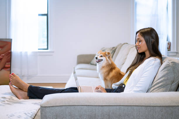 istock Young latin woman on the couch using computer with her dog besides 1409222263