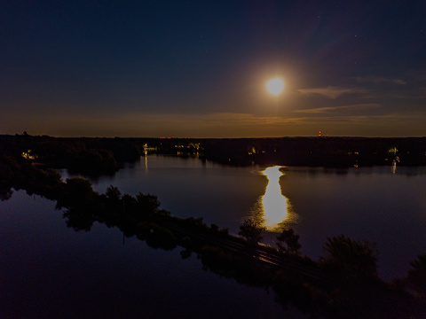 Buck Moon drone shot over Forge Pond in Calverton, New York. July of 2022