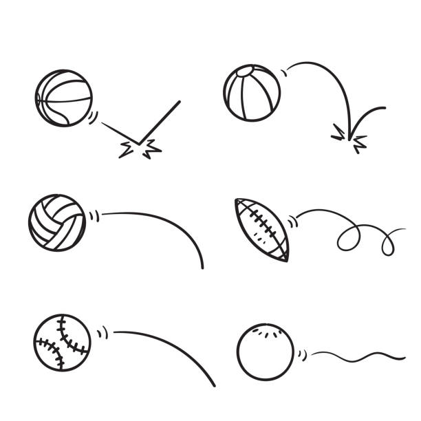 ilustraciones, imágenes clip art, dibujos animados e iconos de stock de garabato dibujado a mano pelota deportiva rebote colección ilustración vector - lanzar actividad física