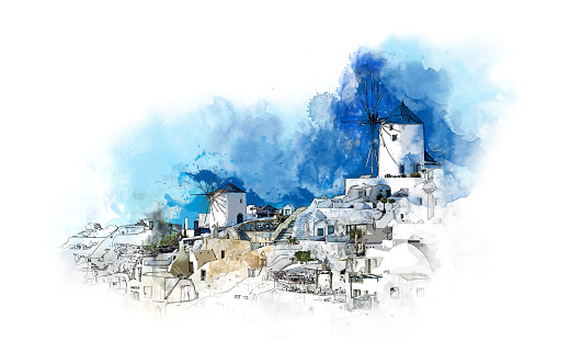 Artistic Santorini. Watercolor of the famous city of Oia. Old famous mills. Romantic holidays and a nice souvenir. Oia, Santorini, Greece