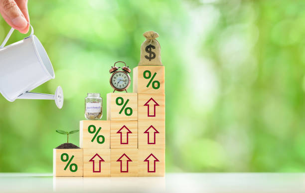 지속 가능한 성장을위한 장기 투자, 금융 개념 : 손은 작은 나무, 절약 항아리, 시계, 상승 높이 나무 큐브 스택 위에 미국 달러 가방에 물을 붓습니다. - mutual fund 뉴스 사진 이미지