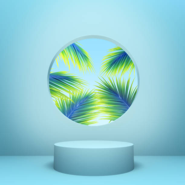 istock 3d rendering, Products display presentation, Modern light blue  and green coconut leaf,  Abstract background,  Minimal concept. 1409226929