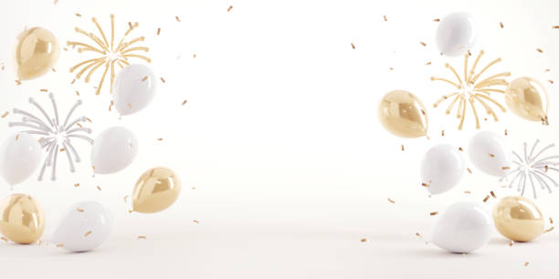 Abstract background gold fireworks and falling shiny confetti and balloon on white background, Copy space, Celebration and party concept.