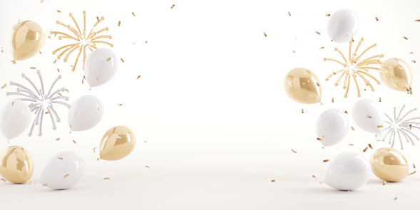 Abstract background gold fireworks and falling shiny confetti and balloon on white background, Copy space, Celebration and party concept, 3d render.