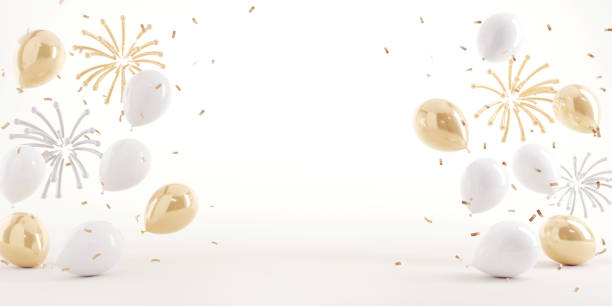 абстрактный фон золотой фейерверк и падающие блестящие конфетти и воздушный шар на белом фоне, копирование пространства, празднование и ко - anniversary стоковые фото и изображения