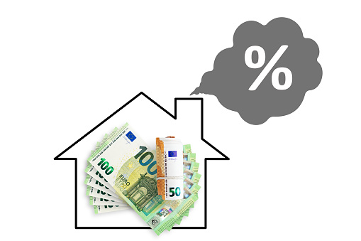 Living house on white background with euros money. House renovation and energy saving. CO2 emissions and reducing carbon concept. Clean energy, heat and decarbonization