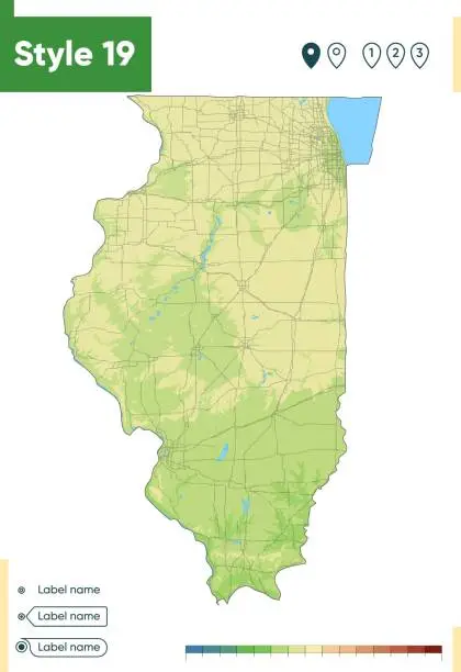 Vector illustration of Illinois, USA - high detailed physical map. Vector map. Dem map.