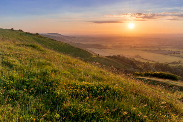 ditchling beacon sunset south downs - rolling landscape fotos imagens e fotografias de stock