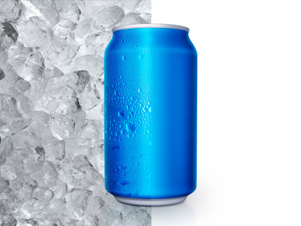 istock Aluminum can with water droplets on ice cubes background. concept refreshing drink cool down 1409233344
