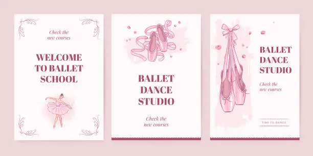 Vector illustration of Hand drawn ballet studio poster collection with ballerina and ballet accessories. Vector illustration