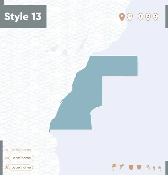 Vector illustration of Sahara Occidental - map with water, national borders and neighboring countries. Shape map.