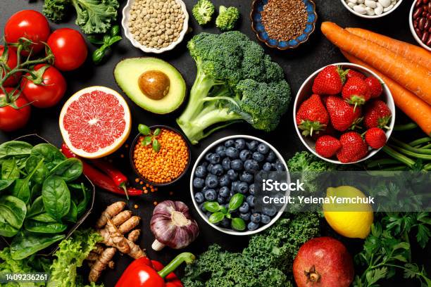 Healthy Food Healthy Eating Background Fruit Vegetable Berry Vegetarian Eating Superfood Stock Photo - Download Image Now