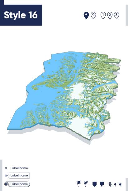 istock Aysen, Chile - map with shaded relief, land cover, rivers, mountains. Biome map with shadow. 1409236467