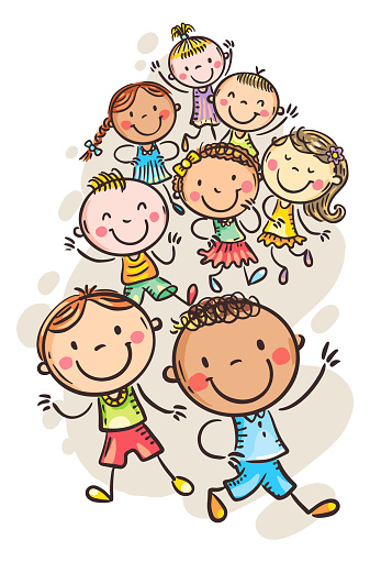 Illustration of cartoon happy kids running together
