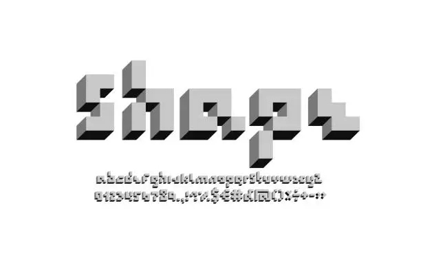 Vector illustration of 3D Pixel font, dark gray alphabet, letters and number set made in volume style, vector illustration 10eps