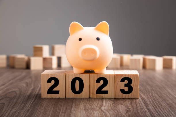 Piggy Bank on top of wooden block. Budget Plan 2023. Budget Plan 2023. Piggy Bank on top of wooden block 2023 photos stock pictures, royalty-free photos & images