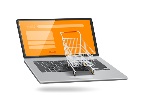 small shopping cart place
on a laptop computer with an orange screen and all object floating in mid air,vector 3d isolated on white background for delivery and online shopping concept design