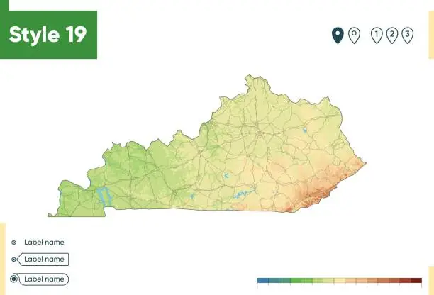 Vector illustration of Kentucky, USA - high detailed physical map. Vector map. Dem map.