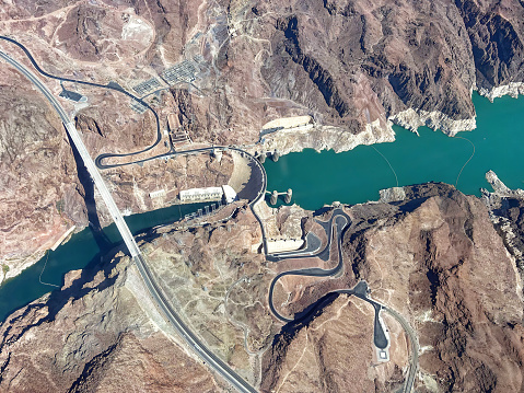 Aerial view of Hoover Dam on Arizona and Nevada border.