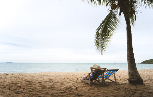 Rear view of young adult tourist asian woman bench arm sitting on beach chair near coconut tree. Relax travel on summer vacation at outdoor in sea nature background with copy space.