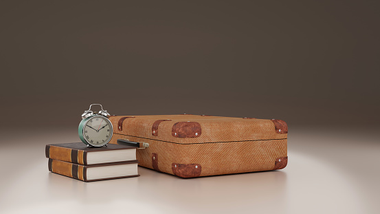 Vintage Briefcase with books and alarm clock, 3d rendering