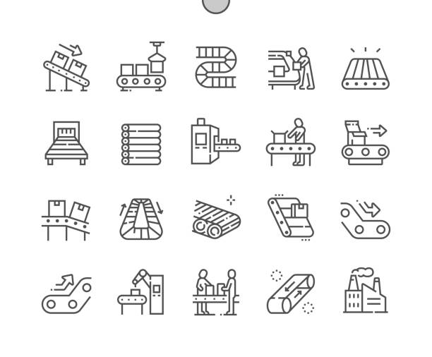 ilustraciones, imágenes clip art, dibujos animados e iconos de stock de fábrica de transportadores. producción automatizada. ingeniería e industria robótica. cinta transportadora. iconos de línea delgada de pixel perfect vector. pictograma mínimo simple - herramientas de fabricación