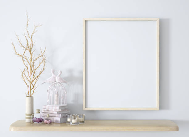 istock Branch in white vase on the wooden shelf with frame background 3d rendering 1409248850