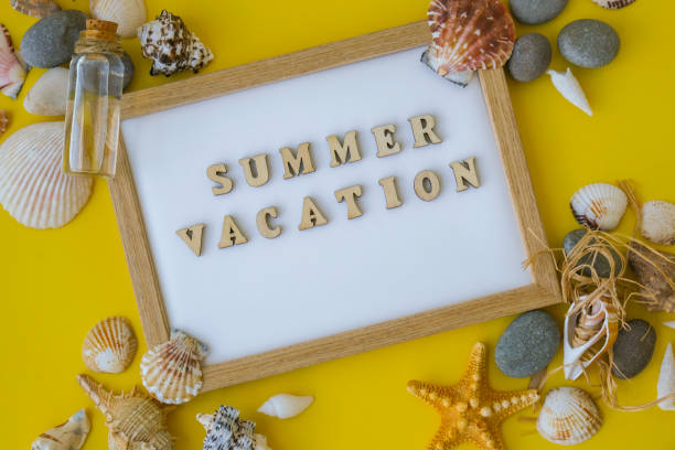 istock Composition sheet white paper text SUMMER VACATION, seashells, pebbles, mockup on yellow background. Blank, top view, still life, flat lay. sea vacation travel concept tourism and resorts. 1409248919