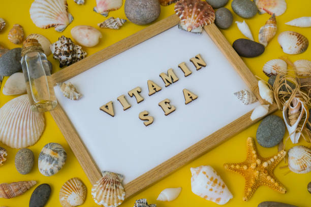istock Composition sheet white paper text VITAMIN SEA, seashells, pebbles, mockup on yellow background. Blank, top view, still life, flat lay. sea vacation travel concept tourism and resorts. 1409248948