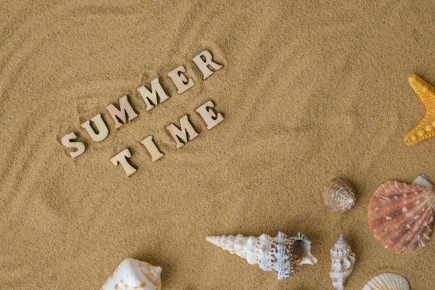 istock Composition with text SUMMER TIME seashells, pebbles, mockup on sand background. Blank, top view, still life, flat lay. Sea summer vacation travel concept tourism and resorts. 1409250805