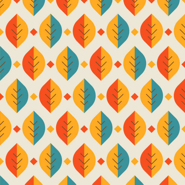 mid century moderne geometrische hinterlassen retro 70s nahtlose muster. floraler bio-hintergrund. für wohnkultur, textil, tapeten und geschenkpapier - modern art 1950s style contemporary shape stock-grafiken, -clipart, -cartoons und -symbole