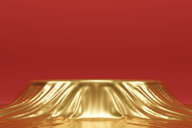 istock Red background with gold cloth, simple product display podium.3d render. 1409253594