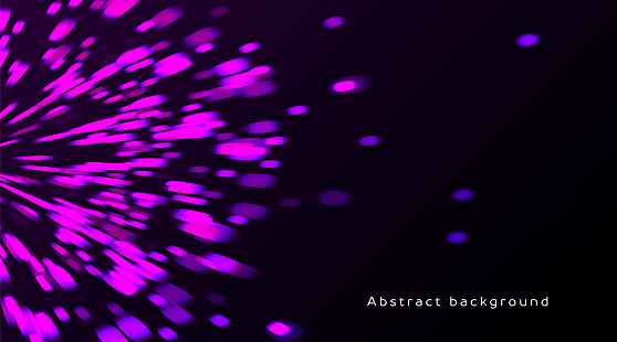 Abstract background with blured particles burst in motion, purple neon lights on dark backdrop, presentation cover design