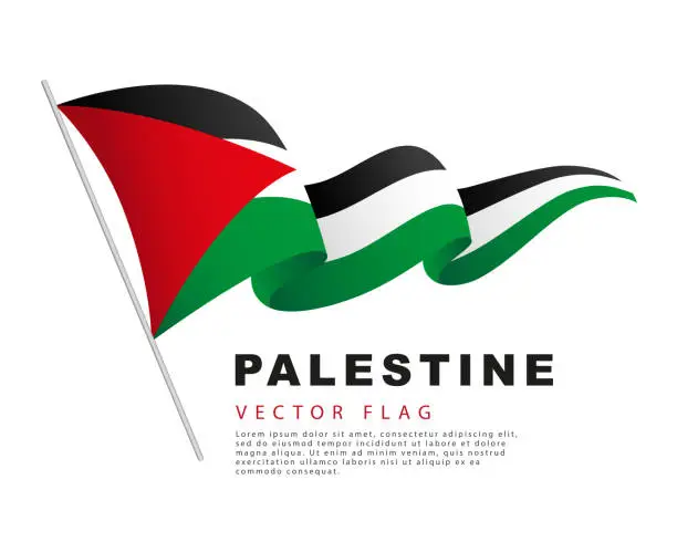 Vector illustration of The flag of Palestine hangs on a flagpole and flutters in the wind. Vector illustration isolated on white background.