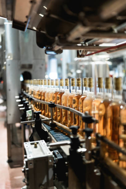 istock Industrial wine bottling production line 1409257421