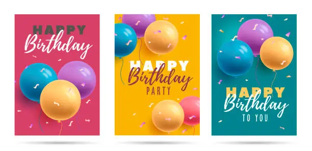 Vector illustration of Happy birthday greeting cards poster set with bright 3d round shaped air balloons and calligraphy greeting for girls and boys, template layout concept