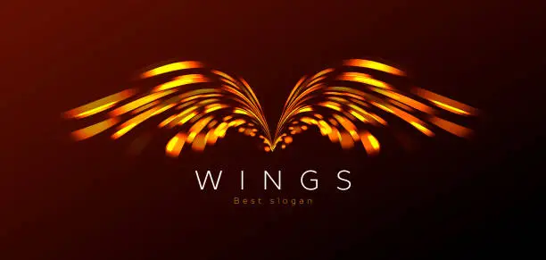 Vector illustration of Golden wings made of sparkling lights, blurred flares, logo identity, digital design element