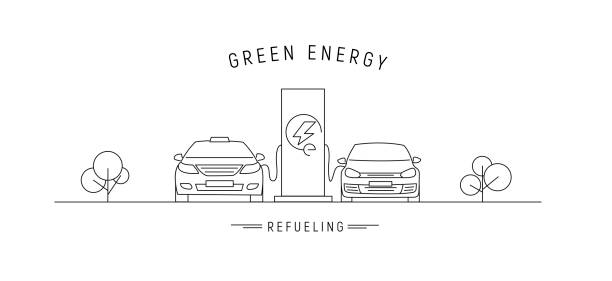 ilustraciones, imágenes clip art, dibujos animados e iconos de stock de estación de carga eléctrica con coches eléctricos - green car