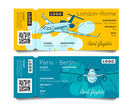 Airplane boarding pass, admission ticket to the plane, two options of design with plane illustration and torn-off part