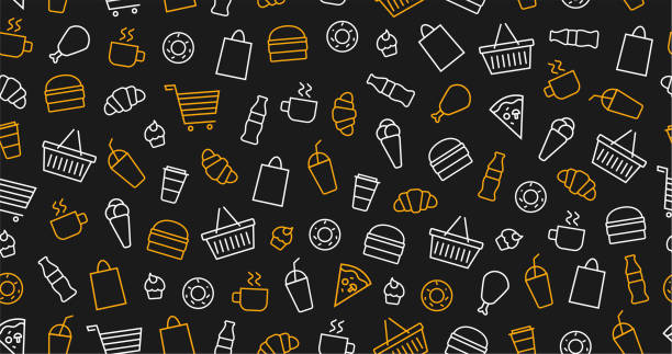 nakreśl bezszwowy wzór restauracji typu fast food na ciemnym tle. burger, kurczak, hot dog, frytki, lody, napoje, pizza. - seamless croissant pattern ice stock illustrations