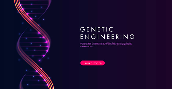 Website home page with abstract pink and violetbackgrouns with DNA spiral glowing lines in the dark.