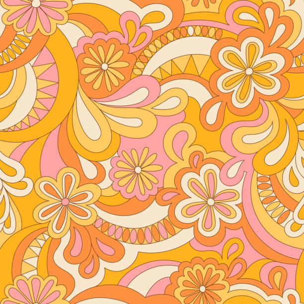 kuvapankkikuvitukset aiheesta psykedeelinen hippi saumaton kuvio. vektori nostalginen retro 60-luvun groovaava painatus. vintage 70-luvun aaltoileva tausta. tekstiili- ja pintasuunnittelu vanhanaikaisilla käsin piirretyillä abstrakteilla kukka-ementeillä - hippie