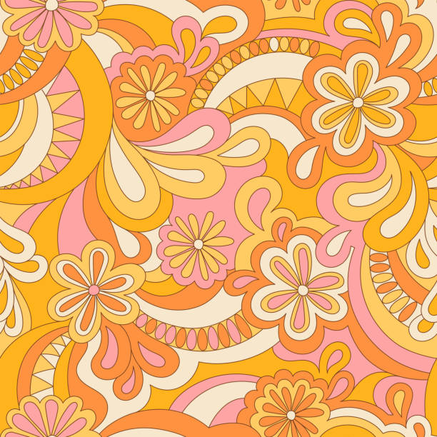 illustrazioni stock, clip art, cartoni animati e icone di tendenza di pattern hippie psichedelico senza cuciture. stampa groovy retrò nostalgica vettoriale anni '60. sfondo ondulato vintage anni '70. design tessile e di superficie con ementi floreali astratti disegnati a mano vecchio stile - stile di vita alternativo