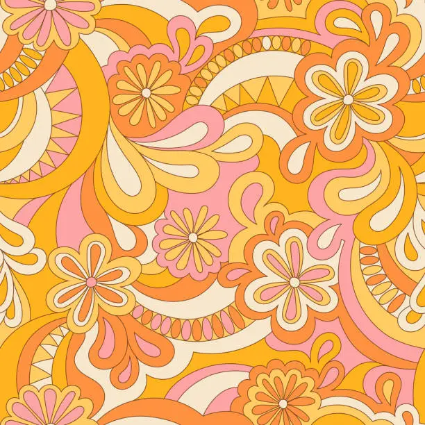 Vector illustration of Psychedelic hippie seamless pattern. Vector nostalgic retro 60s groovy print. Vintage 70s wavy background. Textile and surface design with old fashioned hand drawn abstract floralel ements