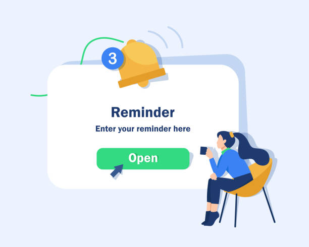 ilustraciones, imágenes clip art, dibujos animados e iconos de stock de página de notificaciones con elementos flotantes - recordatorio