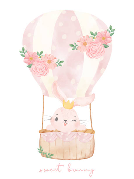 adorable pink bunny on sweet floral hot air balloon watercolor, cute nursery animal hand painting vector adorable pink bunny on sweet floral hot air balloon watercolor, cute nursery animal hand painting vector fluffy rabbit stock illustrations
