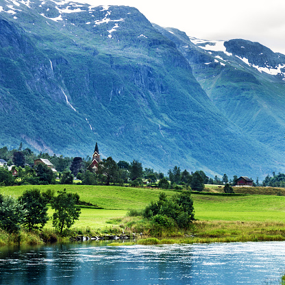 Mountain summer landscape in village Olden, Norway.